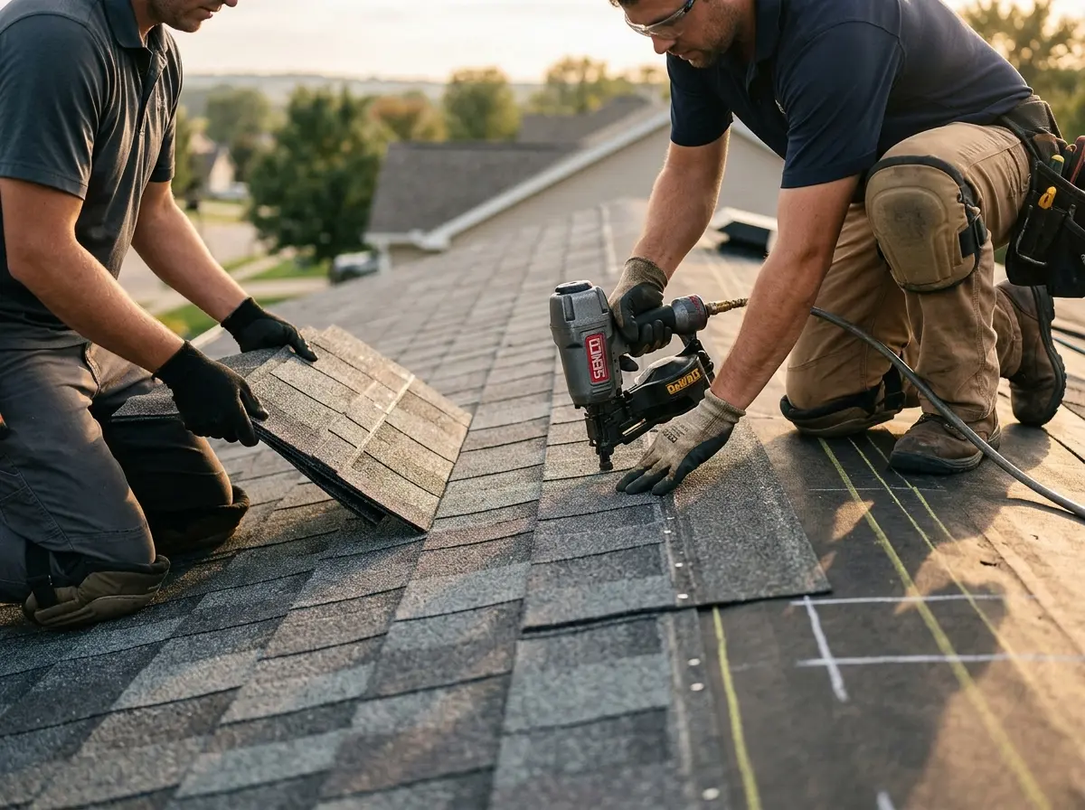 Professional roofer working on a residential roof in Norwood